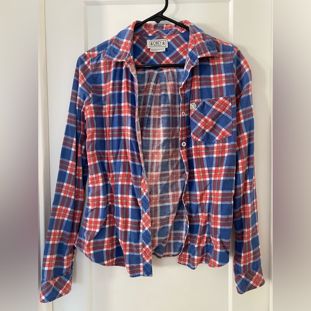 Obey Women’s Plaid Button Down Shirt - Blue and Red